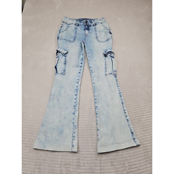 Flamin Gals Jeans Womens Medium Stretch Cargo Pocket Flare Leg Acid Washed - Picture 1 of 8